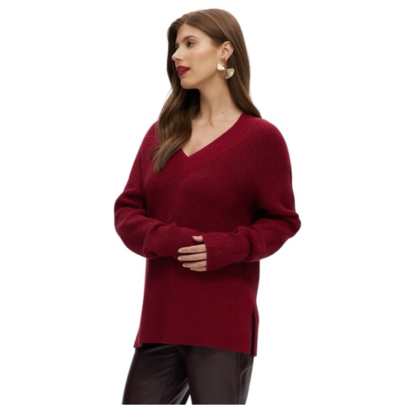 HILLARY RADLEY V-Neck Burgundy Sweater Galaxy Pattern Red Pullover Spring Top XL - Picture 2 of 7